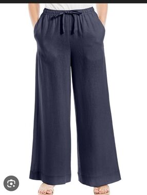 Max Studio Linen Blend Navy Wide Leg Pants High Waisted Drawstring Elastic Waist